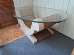 RETRO VINTAGE SALONTAFEL ROTAN RIET GLAS OVALE GLASPLAAT, Huis en Inrichting, Tafels | Salontafels, Ophalen, 100 tot 150 cm, Vintage