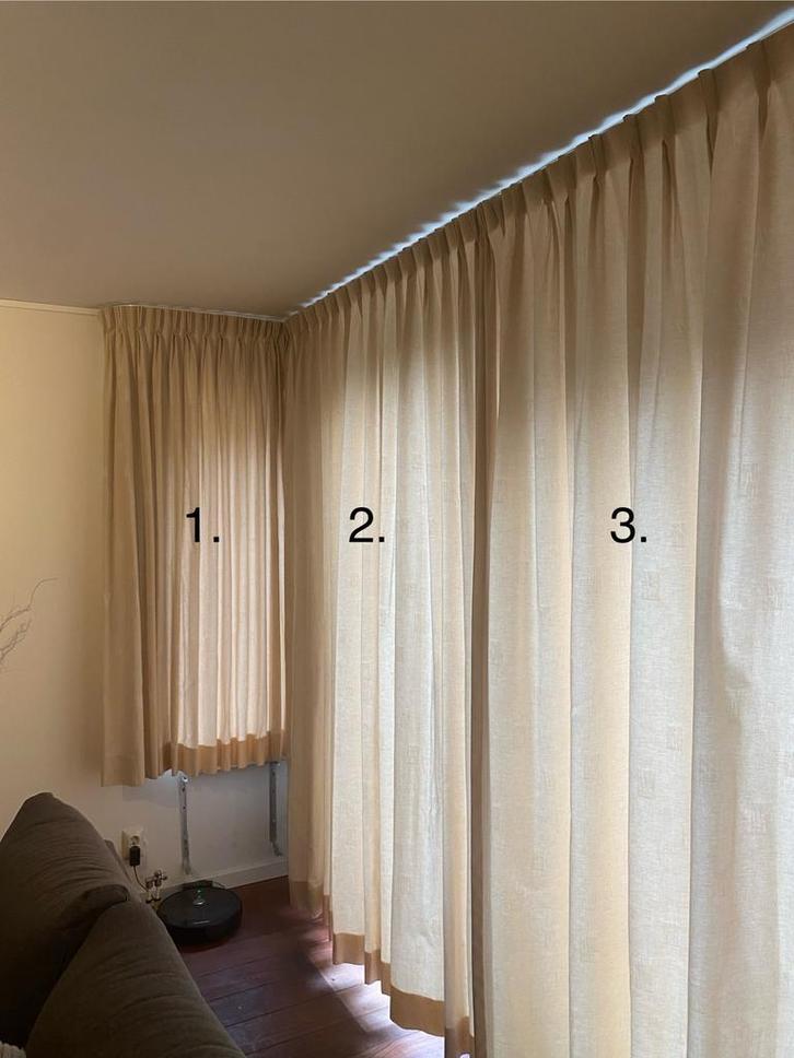 Lichtbeige gordijnen, Huis en Inrichting, Stoffering | Gordijnen en Lamellen, Zo goed als nieuw, 200 cm of meer, 100 tot 150 cm