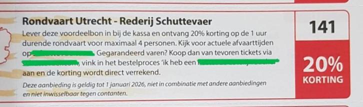Rondvaart Utrecht - Rederij Schuttevaer 20% kortingsbon, Tickets en Kaartjes, Kortingen en Cadeaubonnen, Drie personen of meer