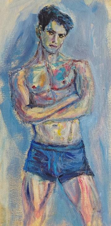 Mooi schilderij van een stoere u toekijkende jongeman beschikbaar voor biedingen