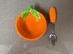Vintage aardewerken schaaltje m. lepel fruitvorm sinaasappel, Huis en Inrichting, Keuken | Servies, Ophalen of Verzenden, Overige stijlen