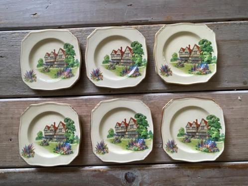 6 x antiek gebak bordje. Royal winton england. Cottages., Antiek en Kunst, Antiek | Servies los, Ophalen