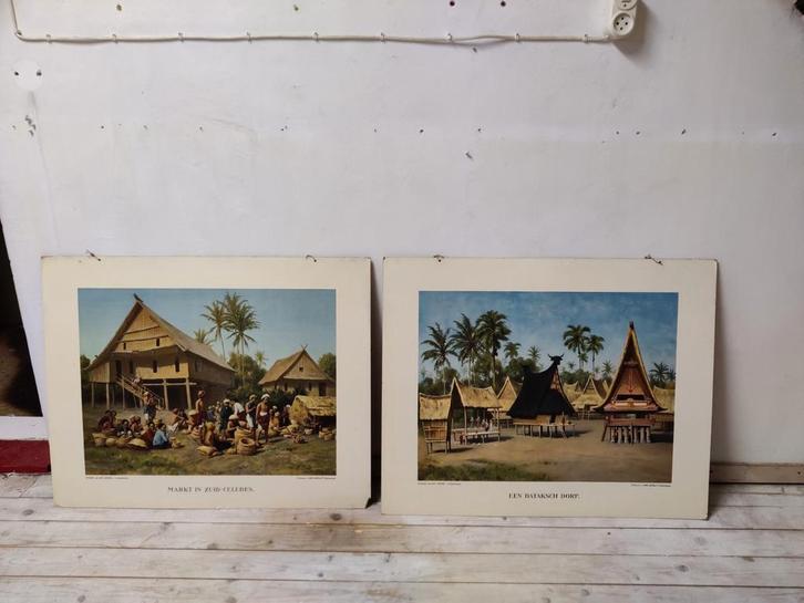 2 Oude schoolplaten met Indische taverelen 83x67 cm, Antiek en Kunst, Antiek | Schoolplaten, Aardrijkskunde, Ophalen