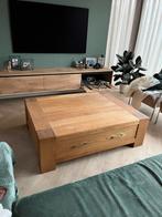 Massief eiken salontafel met grote lade, Huis en Inrichting, Ophalen, Gebruikt, Eikenhout, Minder dan 50 cm