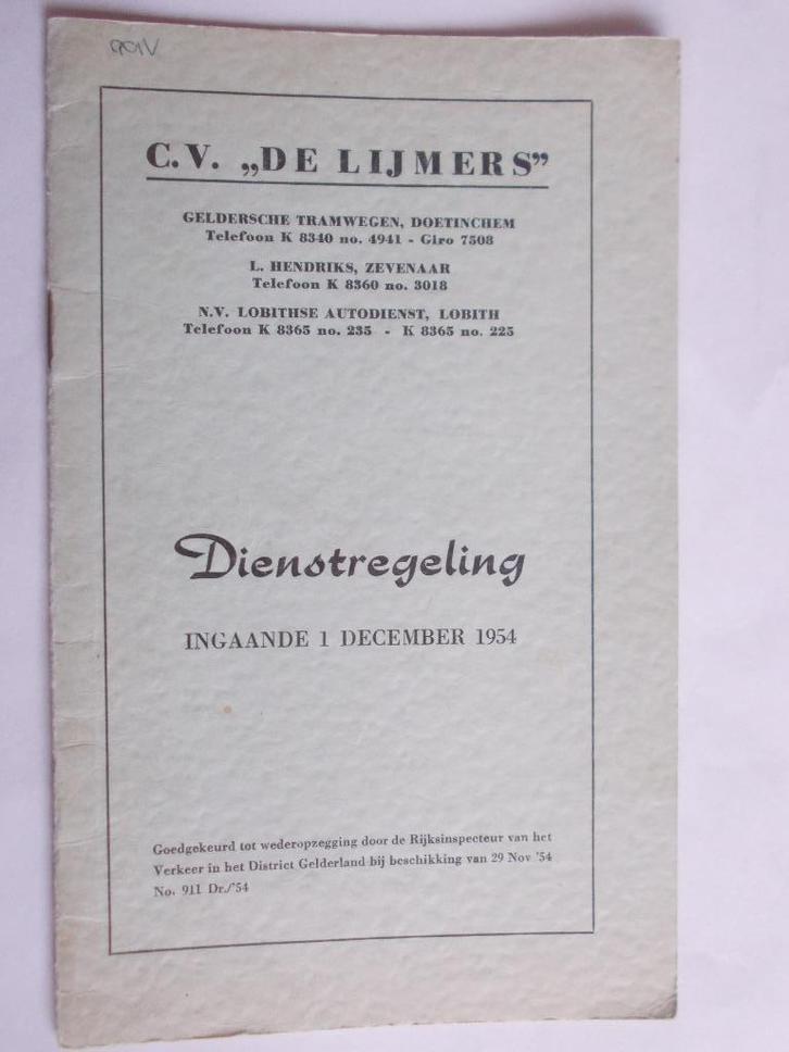 C.V. DE LIJMERS ZEVENAAR/LOBITH DIENSTREGELING 1 DEC.1954, Verzamelen, Spoorwegen en Tramwegen, Gebruikt, Bus of Metro, Boek of Tijdschrift