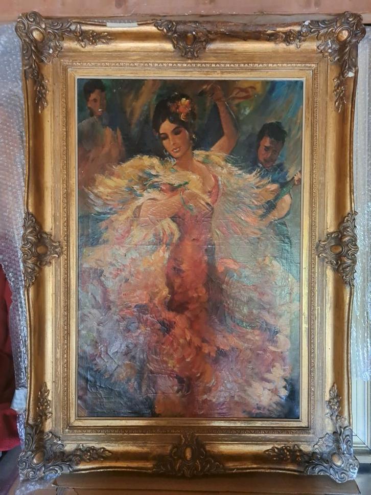 Flamenco Danseres met Muzikanten - Olieverf, Antiek en Kunst, Kunst | Schilderijen | Klassiek, Ophalen of Verzenden