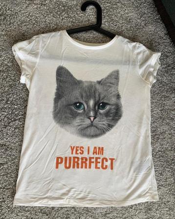 H&M witte luchtige top t-shirt shirt Poes print maat 158-164