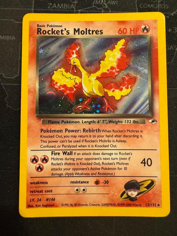 Pokemon Rocket's Moltres - 12/132 - Gym Heroes, Hobby en Vrije tijd, Verzamelkaartspellen | Pokémon, Zo goed als nieuw, Losse kaart