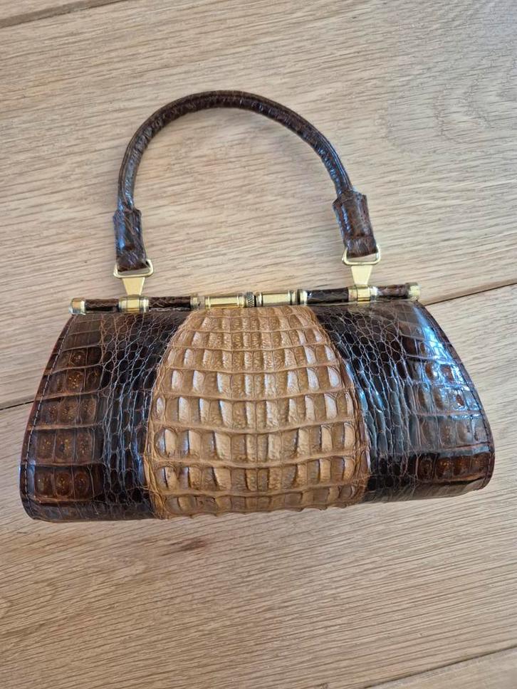 Vintage Krokodillenleren Clutch Jaren 60, Sieraden, Tassen en Uiterlijk, Tassen | Damestassen, Gebruikt, Handtas, Bruin, Ophalen of Verzenden