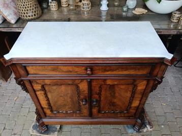 Antieke wastafel badkamermeubel marmer mahonie kast vintage  beschikbaar voor biedingen