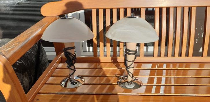 Tafellampen (2 stuks) vintage, Huis en Inrichting, Lampen | Tafellampen, Zo goed als nieuw, Minder dan 50 cm, Glas, Hout, Metaal