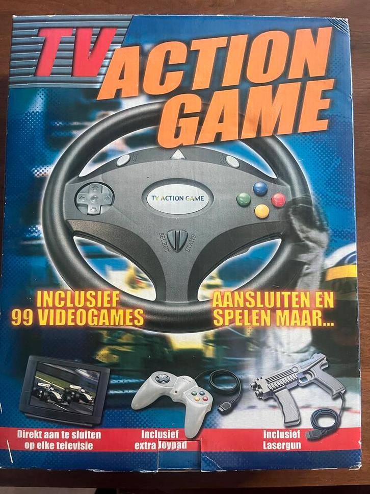 Vintage TV Action Game Compleet met Stuur, Pistool & 99 Game, Spelcomputers en Games, Spelcomputers | Overige, Zo goed als nieuw