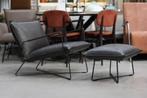 Gave zwarte fauteuil Earl + hocker Jess design metaal & leer, Huis en Inrichting, Fauteuils, Ophalen, 75 tot 100 cm, Zo goed als nieuw