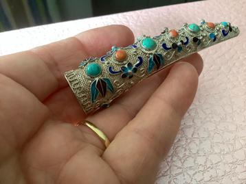 Vintage broche zilver Emaille Bloedkoraal Turquoise 925 beschikbaar voor biedingen