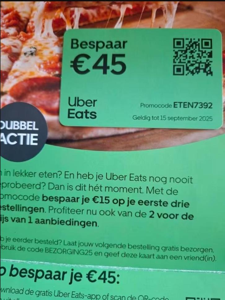 Gratis: Uber Eats code, Tickets en Kaartjes, Kortingen en Cadeaubonnen, Eén persoon, Overige typen, Kortingsbon
