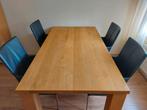 Robuuste eiken eettafel met 4 zwarte leren  stoelen., Huis en Inrichting, Complete eetkamers, Ophalen, Gebruikt