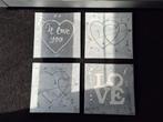 4 schilderijen Love wit/grijs 30x30cm, Ophalen, Gebruikt, Overige typen