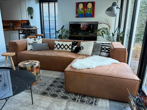 Hoekbank cognac WOOOD Bean, Huis en Inrichting, Banken | Complete zithoeken, Gebruikt, Leer, Overige materialen, Ophalen