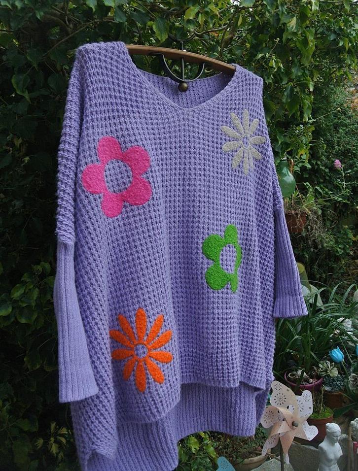 Trui gebreid a lijn lila zeer ruim wijd model bloemen XXXL, Kleding | Dames, Grote Maten, Gedragen, Trui of Vest, Paars, Ophalen of Verzenden