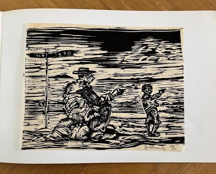 Linosnede Nieuwjaar, Antiek en Kunst, Kunst | Etsen en Gravures, Ophalen of Verzenden