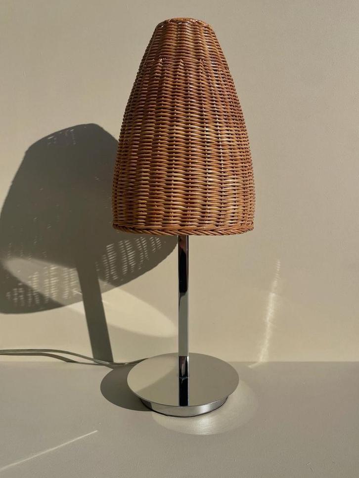 Vintage • Chroom • Rattan • Lamp • Mushroom, Huis en Inrichting, Lampen | Tafellampen, Zo goed als nieuw, Minder dan 50 cm, Metaal