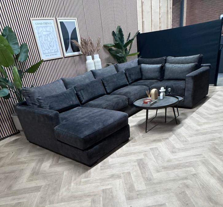 ZGAN Velvet Velours U-Bank / Hoekbank - Antraciet - 354cm, Huis en Inrichting, Banken | Bankstellen, Zo goed als nieuw, Hoekbank