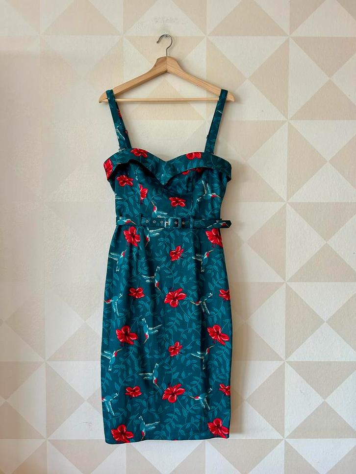 Collectif jurk blauw bloem vogel kolibri S/36 NIEUW, Kleding | Dames, Jurken, Nieuw, Maat 36 (S), Blauw, Onder de knie, Ophalen of Verzenden