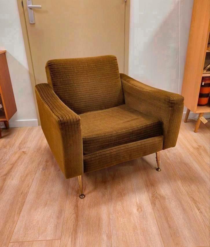 Vintage Fauteuil Stoel Ribstof Groen Messing, Huis en Inrichting, Fauteuils, Zo goed als nieuw, 50 tot 75 cm, Minder dan 75 cm