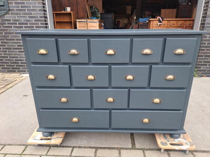 Grijs grenen ladekast nr 14 lades commode, Huis en Inrichting, Kasten | Ladekasten, Gebruikt, Minder dan 100 cm, 100 tot 150 cm