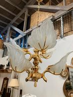 Vintage messing hanglamp met glazen bladeren, Ophalen, Gebruikt, ., .