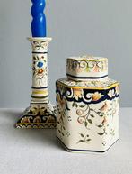 Faience France Rouen keramiek theebus en kandelaar handbesch, Ophalen of Verzenden