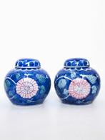 2x Vintage 70s gemberpot gemberpotten blauw wit roze bloemen, Antiek en Kunst, Ophalen