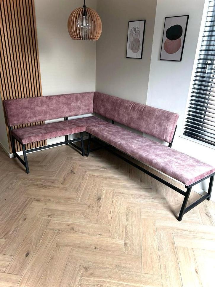 stalen eettafel bank met stoffering naar wens, Huis en Inrichting, Banken | Bankstellen, Nieuw, Rechte bank, Overige maten, 300 cm of meer