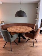 Mango eettafel met bank en 2 stoelen, Ophalen, Rond, Zo goed als nieuw, Overige houtsoorten