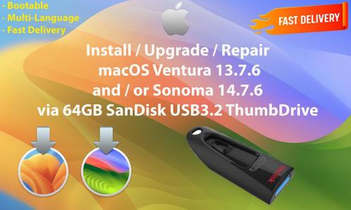 macOS Ventura 13.7.6+Sonoma 14.7.6 via USB3.2 Stick 64GB OSX, Computers en Software, Besturingssoftware, Nieuw, MacOS, Ophalen of Verzenden