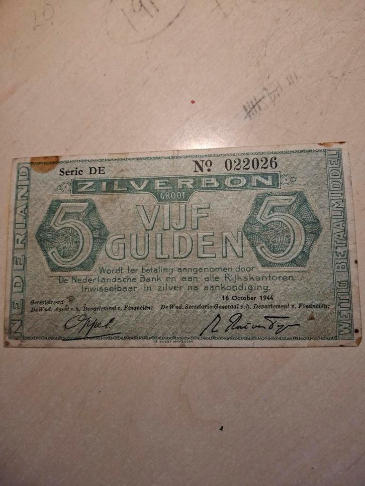 5 Gulden 1944 - Zilverbon DE 022026, Postzegels en Munten, Bankbiljetten | Nederland, Ophalen of Verzenden