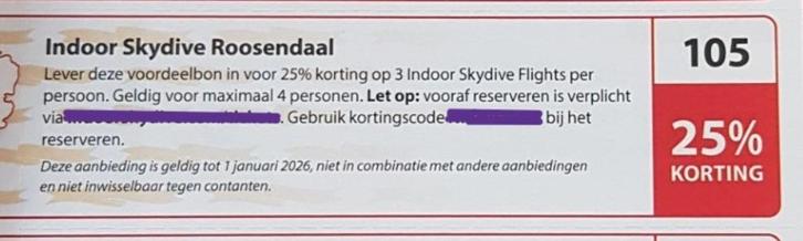 Indoor Skydive Roosendaal 25% kortingsbon, Tickets en Kaartjes, Kortingen en Cadeaubonnen, Drie personen of meer, Overige typen