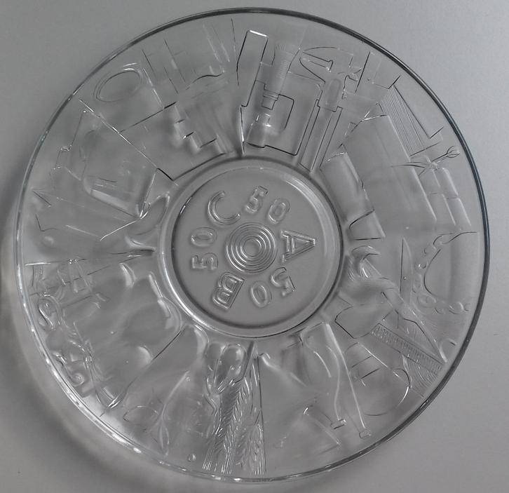 Gebaksschaal van ABC vakbond uit Leerdam 1957, Antiek en Kunst, Antiek | Glas en Kristal, Ophalen
