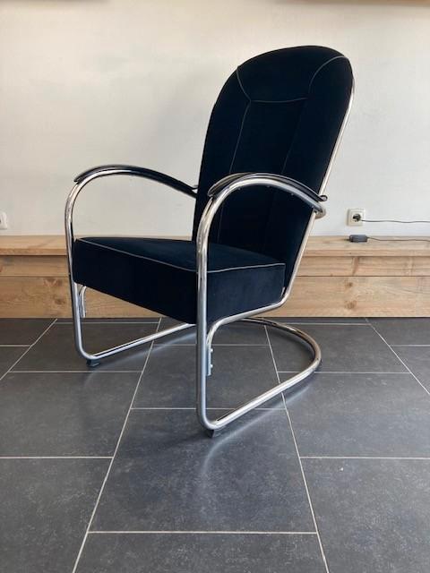 2 Gispen AA fauteuils, chroom, nieuwe zwarte ribstof, Huis en Inrichting, Fauteuils, Zo goed als nieuw, Metaal, Stof, 50 tot 75 cm