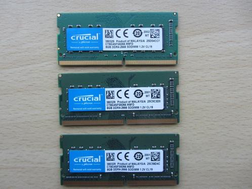 3x Crucial 8GB PC4-21300 DDR4-2666MHz non-ECC Unbuffered CL1, Computers en Software, RAM geheugen, Zo goed als nieuw, Laptop, 8 GB