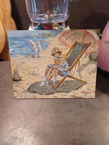 Prachtig schilderijtje strandleven geschilderd op hout beschikbaar voor biedingen