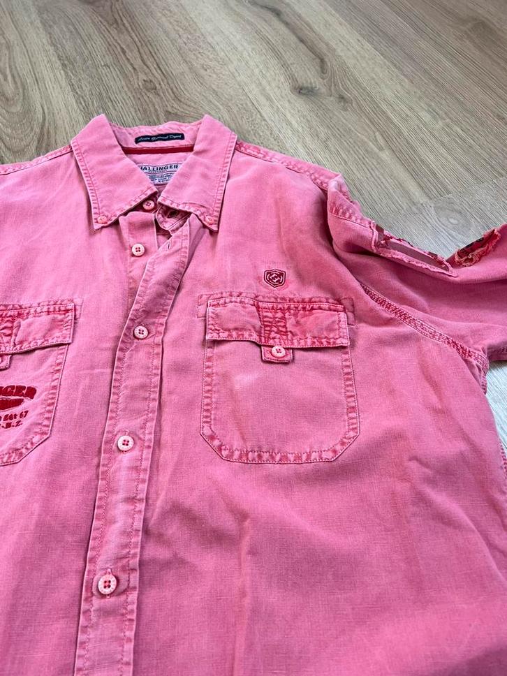 Hallinger roze linnen overhemd xl, Kleding | Heren, Overhemden, Zo goed als nieuw, Halswijdte 43/44 (XL), Roze, Ophalen of Verzenden