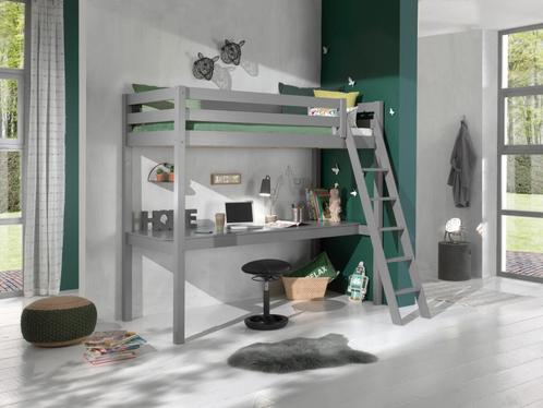Pino hoogslaper met groot bureau - 90x200 - Grijs, Huis en Inrichting, Slaapkamer | Stapelbedden en Hoogslapers, Nieuw, Ophalen of Verzenden