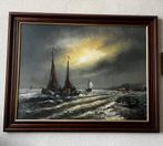 Maritiem Schilderij: Schepen op woelige zee bij zonsondergan, Antiek en Kunst, Ophalen