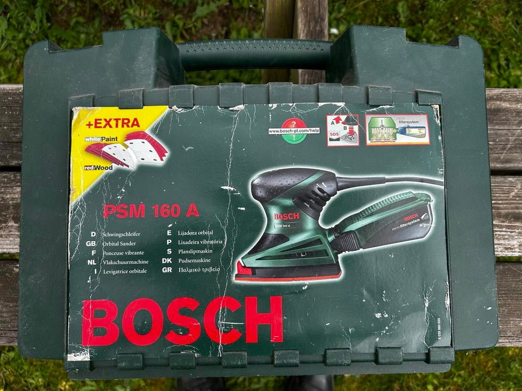 Bosch PSM 160 A Vlakschuurmachine met accessoires, Ophalen, Gebruikt, Minder dan 600 watt, Vlakschuurmachine