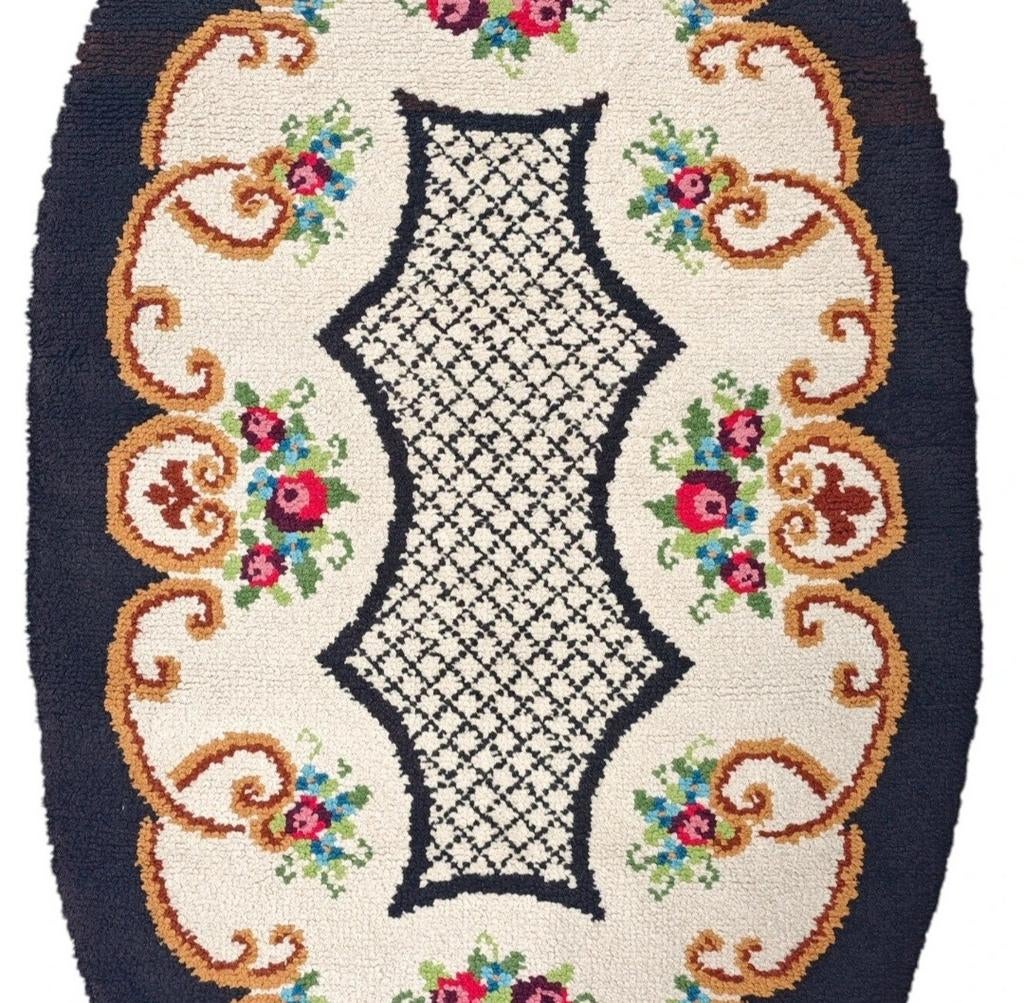 Handgeknoopt Retro wol Smyrna tapijt ovaal roses 116x204cm, Gebruikt, 100 tot 150 cm, Crème, Onbekend