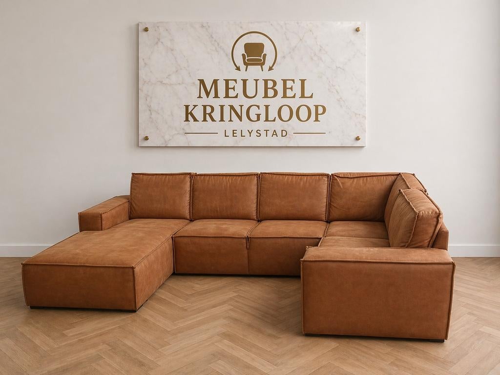 U bank cognac 320x210x190cm - Gereinigd -, Huis en Inrichting, Banken | Bankstellen, ., Hoekbank, 300 cm of meer, Ophalen of Verzenden