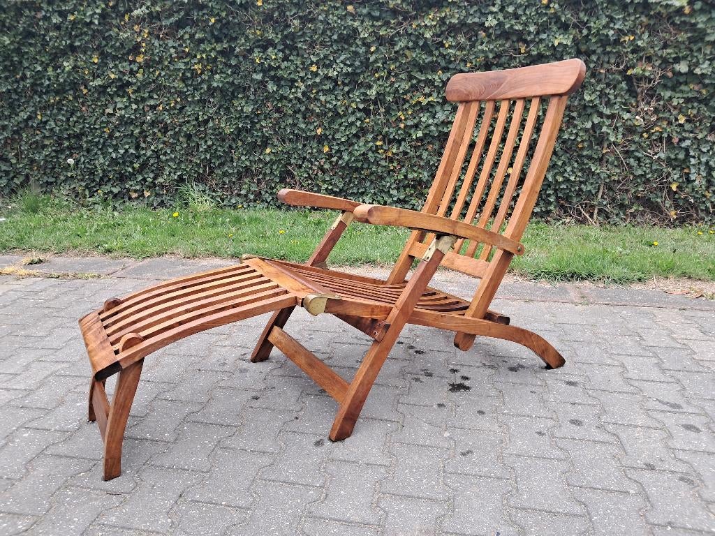Mooie teakhouten deckchair van het merk Schou, inklapbaar, Ophalen, Gebruikt