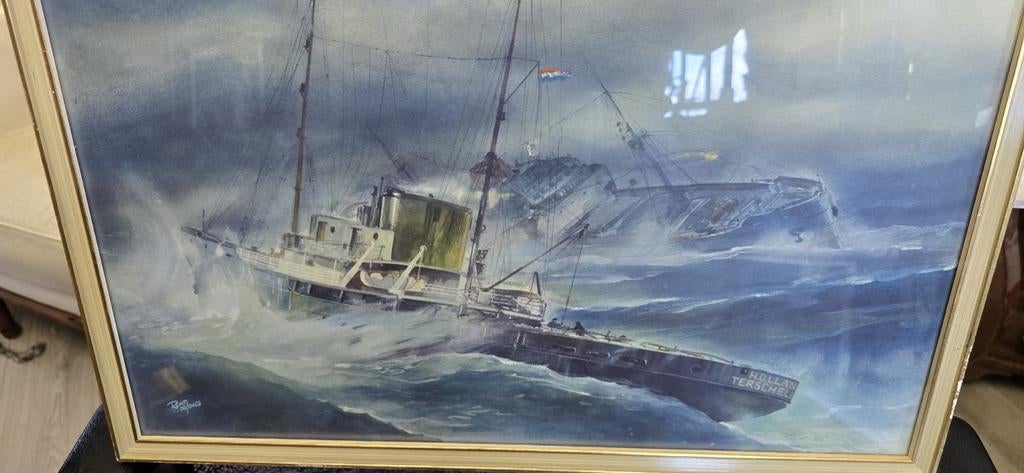 Aquarel Reint De Jonge - Holland Terschelling in woeste zee, Antiek en Kunst, Ophalen of Verzenden