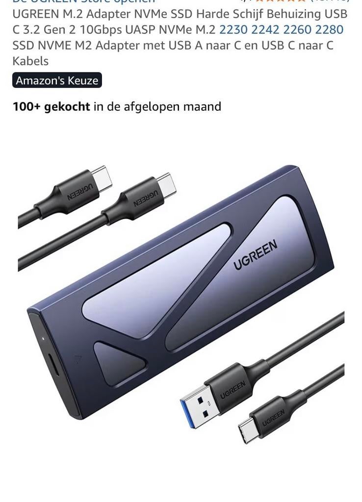 UGREEN M.2 NVMe SSD behuizing USB 3.2 – nieuw!, Computers en Software, Dockingstations, Ophalen of Verzenden, Nieuw, USB-hub, Harde schijf